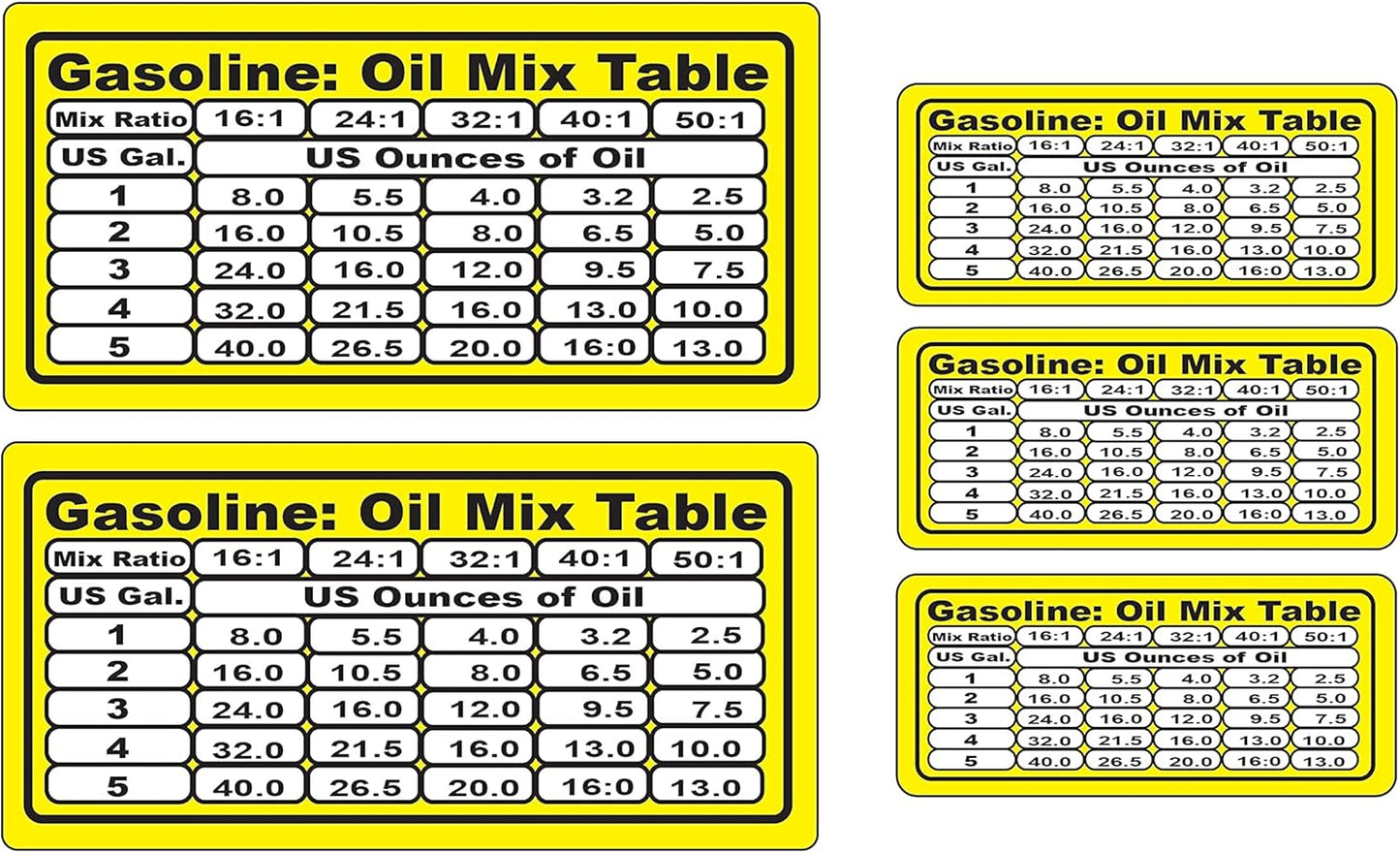 (Set of 5) Oil Gas Mixture Ratio Chart Decal Sticker 40:1 50:1 P166 (2) That are 2.5" x 5" (3) That are 1.3" x3"