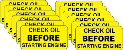 (12 Pack) Check Oil Before Starting Engine Warning Sticker/Decal .75"x1.5" p14