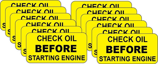 (12 Pack) Check Oil Before Starting Engine Warning Sticker/Decal .75"x1.5" p14