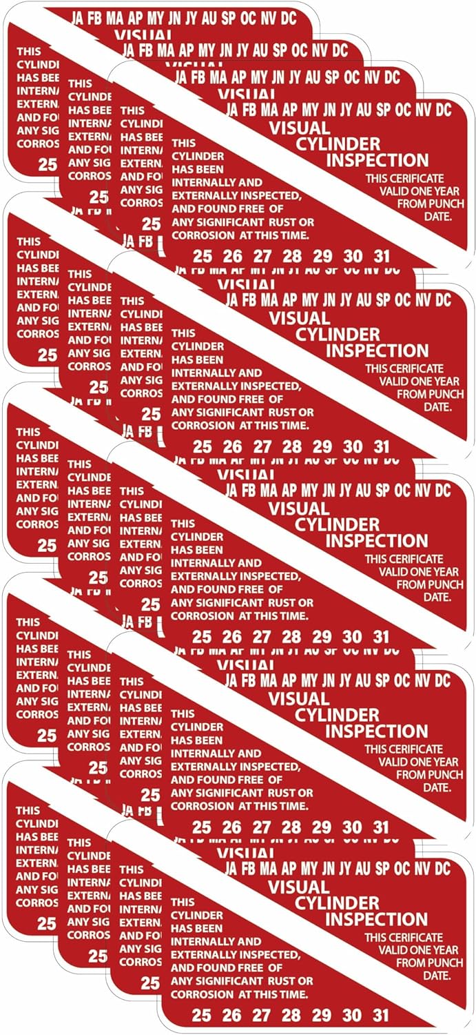 Visual Cylinder Inspection Decal, 7-Year Scuba Tank Certification, Red, Pack of 20
