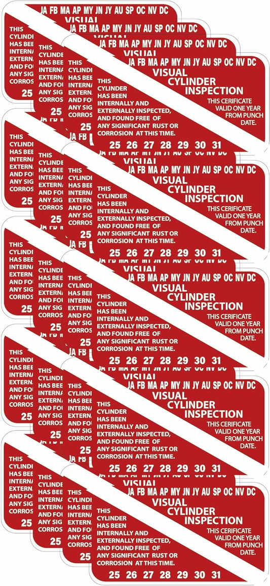 Visual Cylinder Inspection Decal, 7-Year Scuba Tank Certification, Red, Pack of 20