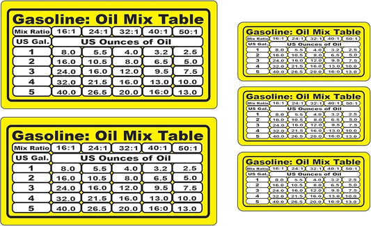 (Set of 5) Oil Gas Mixture Ratio Chart Decal Sticker 40:1 50:1 P166 (2) That are 2.5" x 5" (3) That are 1.3" x3"