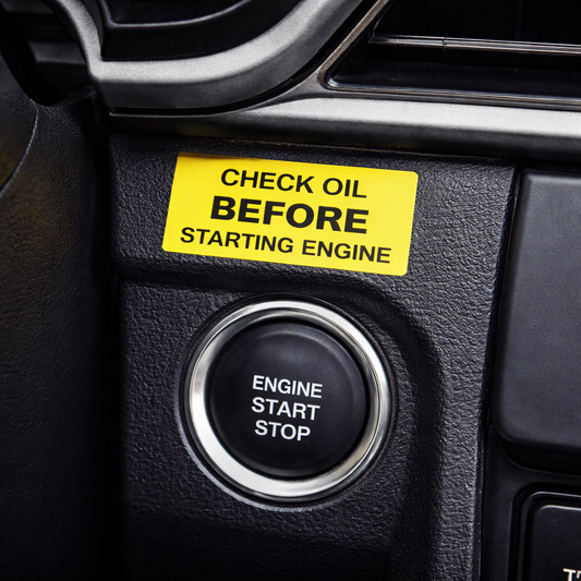 (12 Pack) Check Oil Before Starting Engine Warning Sticker/Decal .75"x1.5" p14